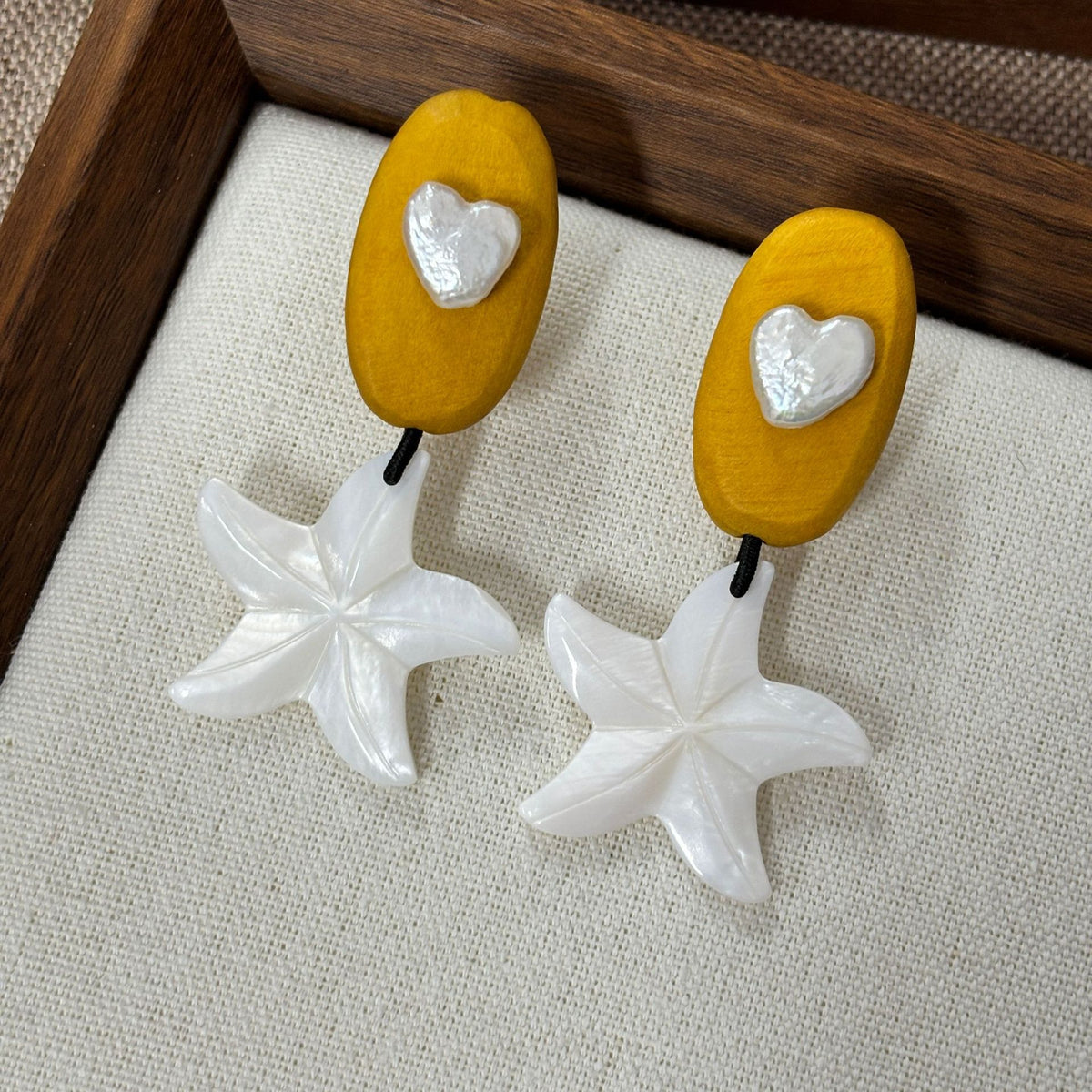 Amber Wood Starfish Earrings