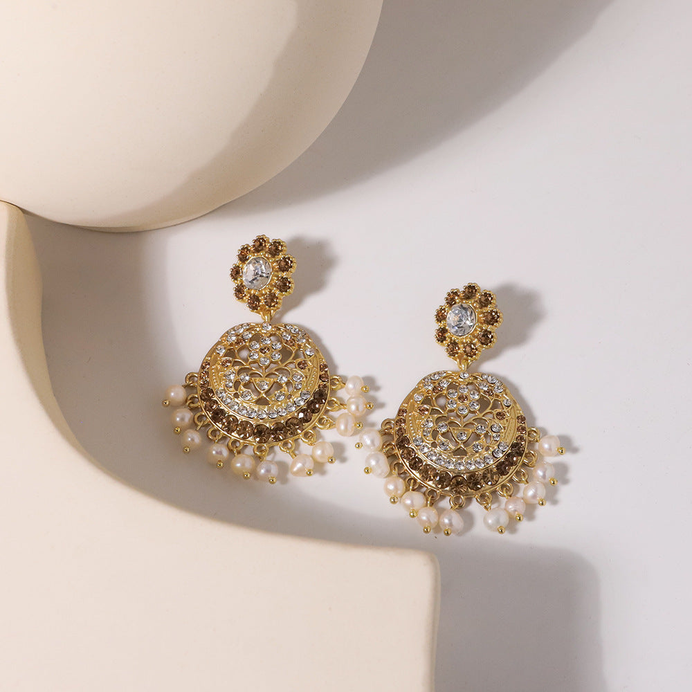 Golden Palace Champagne Zircon Pearl Fringe Vintage Chandelier Earrings