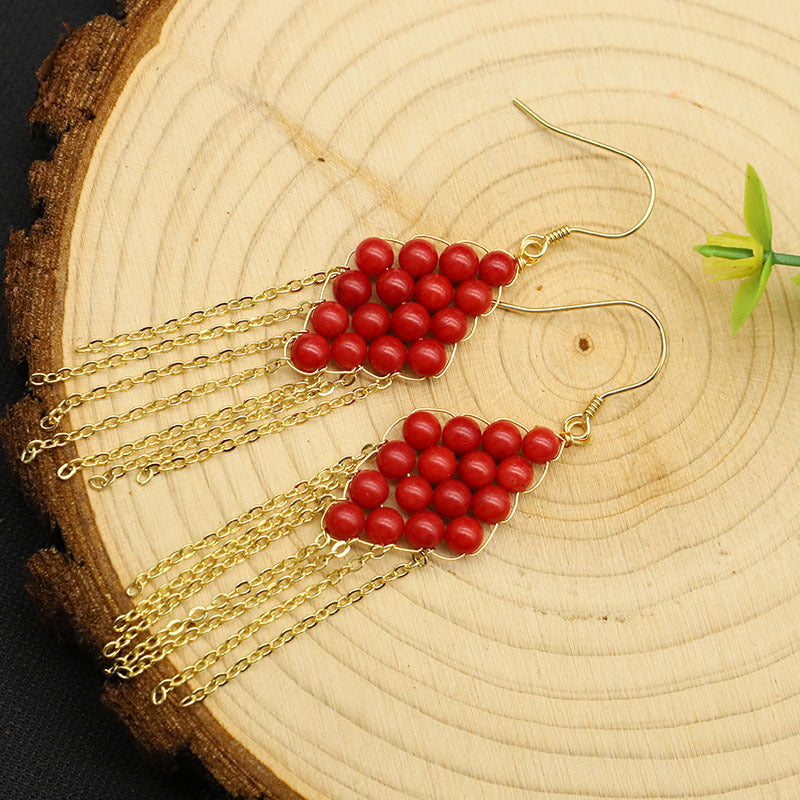 Crimson Coral Sea Bamboo Red Bead Gold Woven Fringe Bohemian Drop Earrings