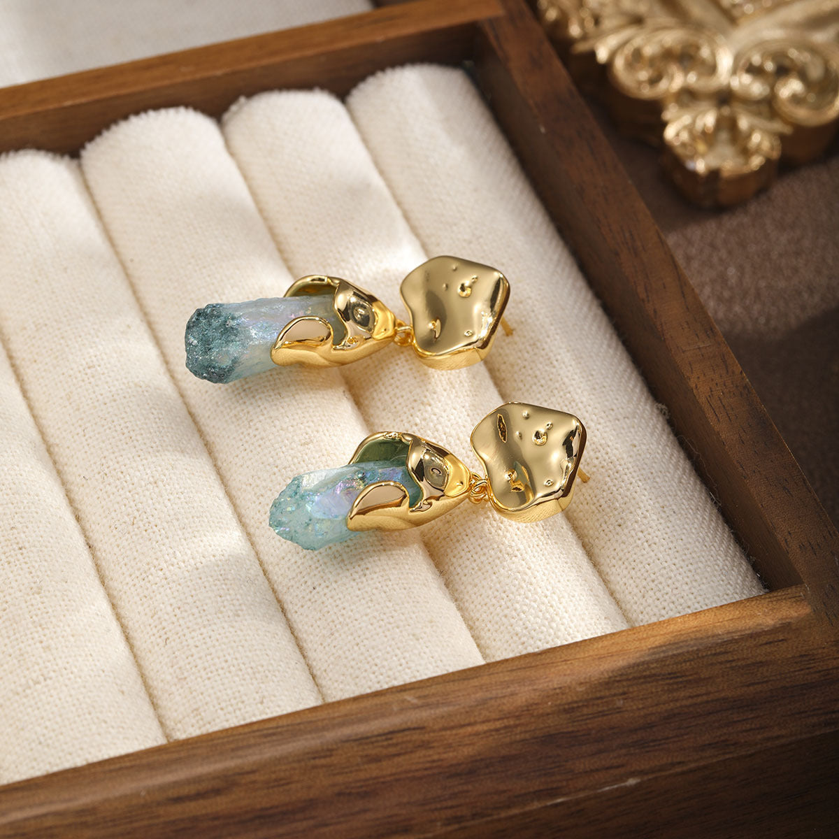 Natural Blue Crystal Gold Drop Earrings