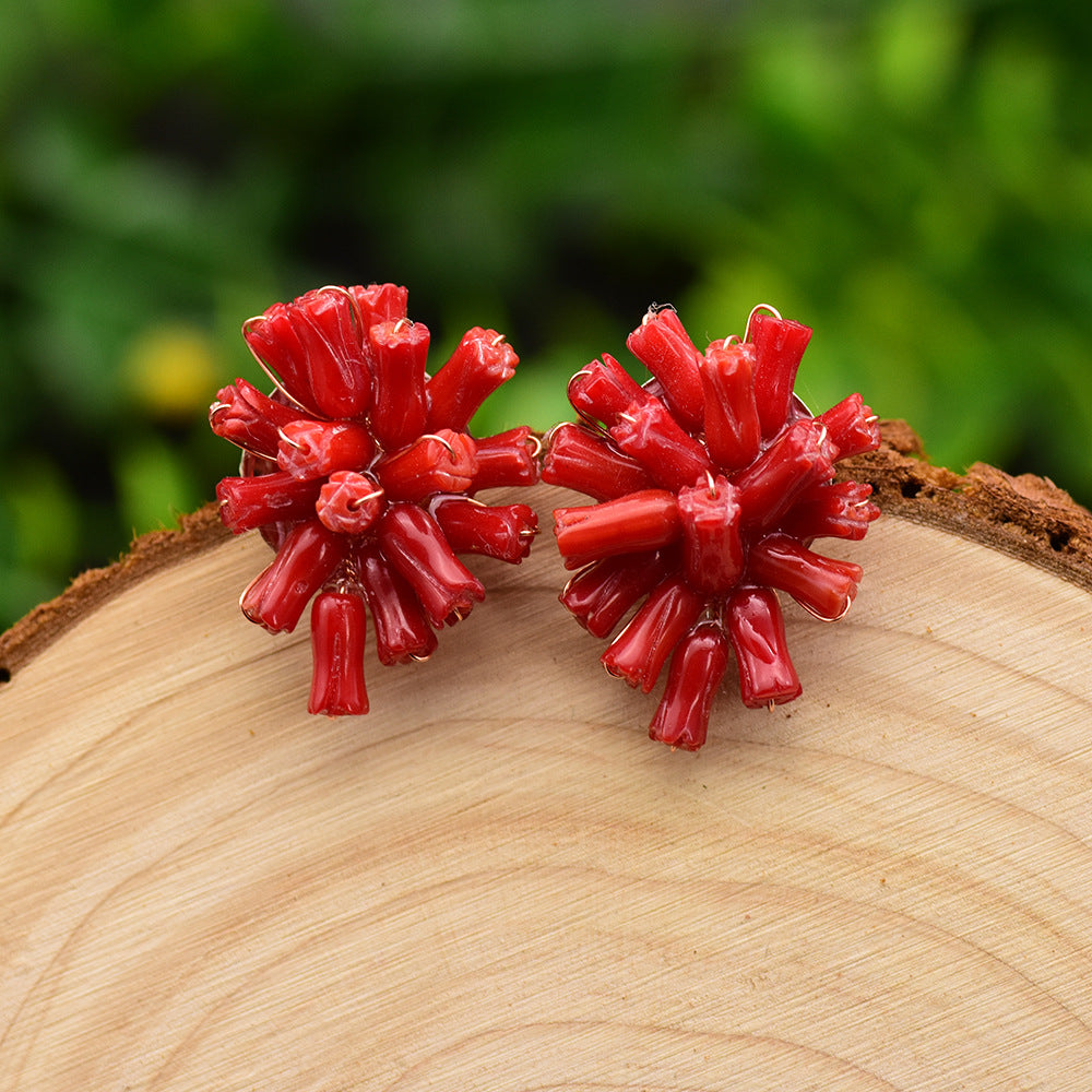 Red Coral Bloom Hand-Wrapped Tube Coral Floral Stud Earrings