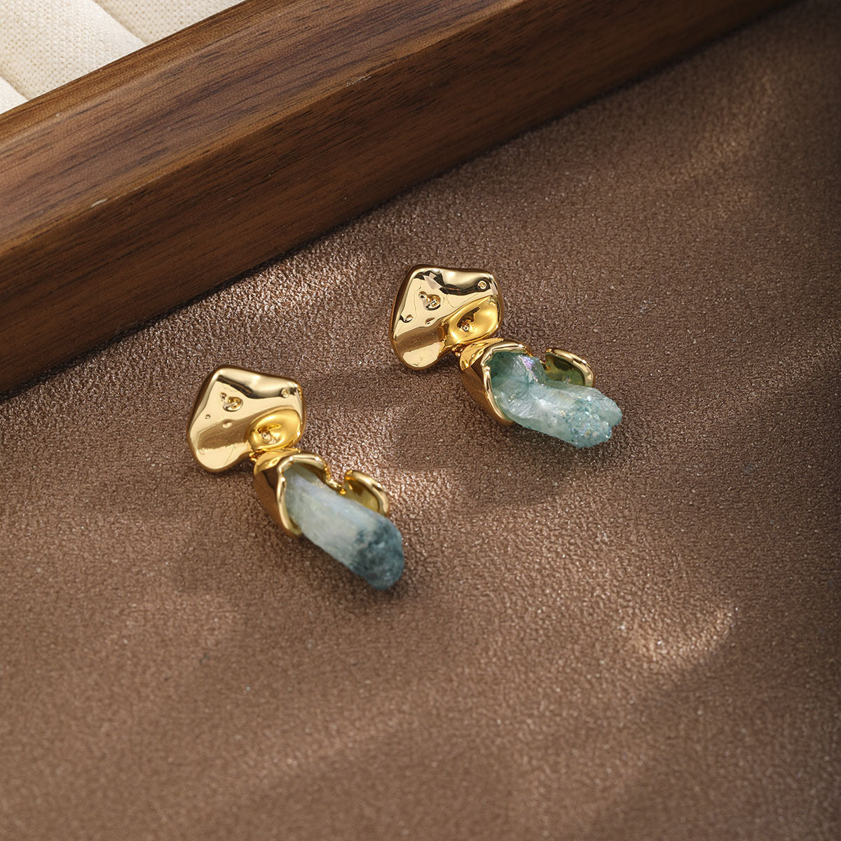 Natural Blue Crystal Gold Drop Earrings