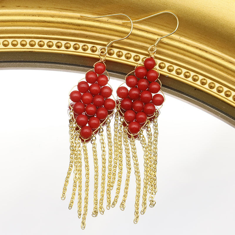 Crimson Coral Sea Bamboo Red Bead Gold Woven Fringe Bohemian Drop Earrings