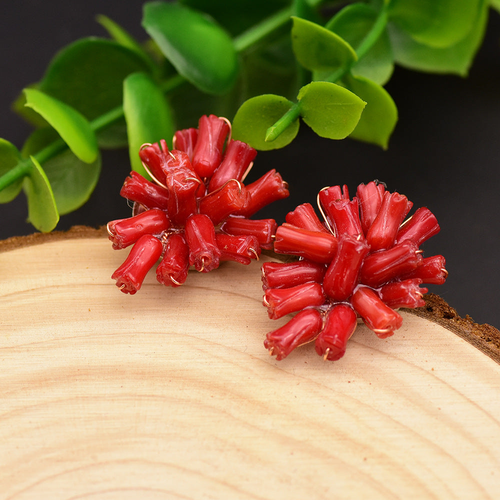 Red Coral Bloom Hand-Wrapped Tube Coral Floral Stud Earrings