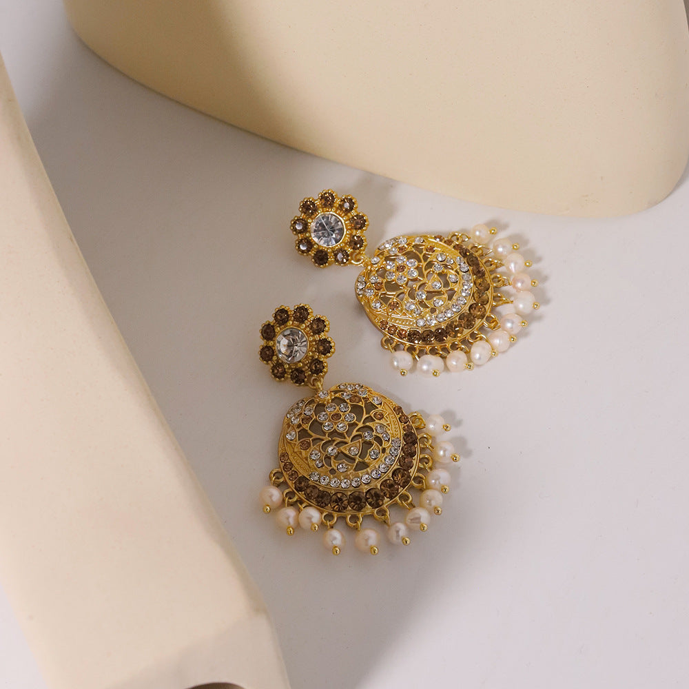 Golden Palace Champagne Zircon Pearl Fringe Vintage Chandelier Earrings