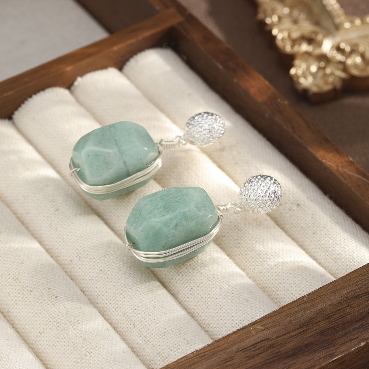 Natural Green Stone Wire-Wrapped Earrings