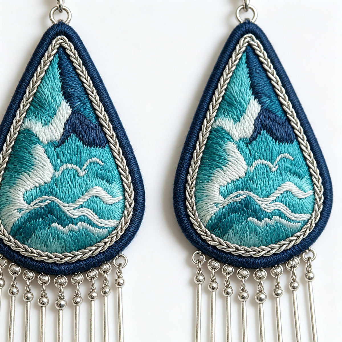 Hand-Embroidered Silver Tassel Drop Earrings