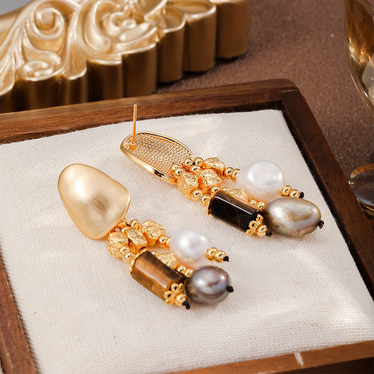 Golden Tide Tiger's Eye & Baroque Pearl Drop Earrings