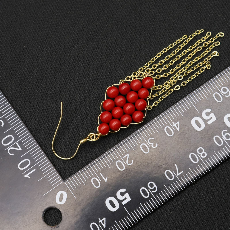 Crimson Coral Sea Bamboo Red Bead Gold Woven Fringe Bohemian Drop Earrings