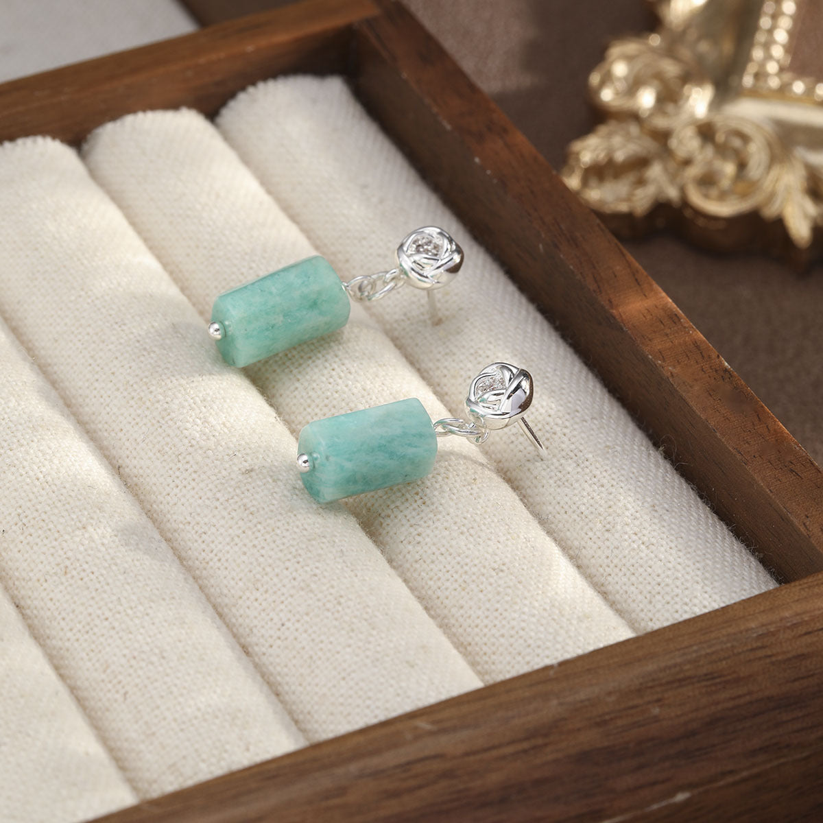 Natural Green Stone Rose Drop Earrings