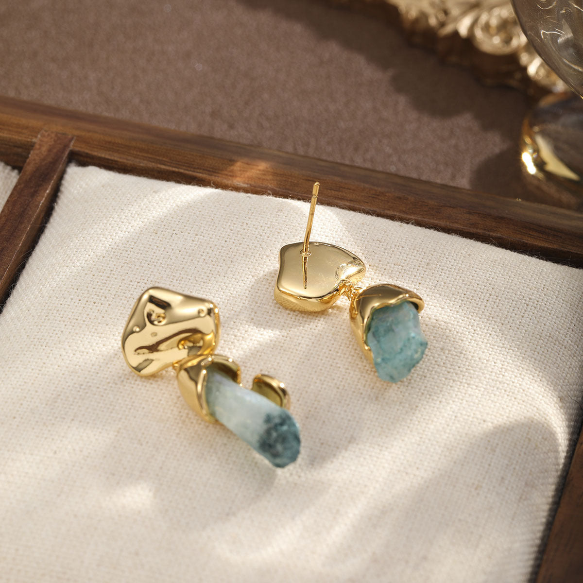Natural Blue Crystal Gold Drop Earrings
