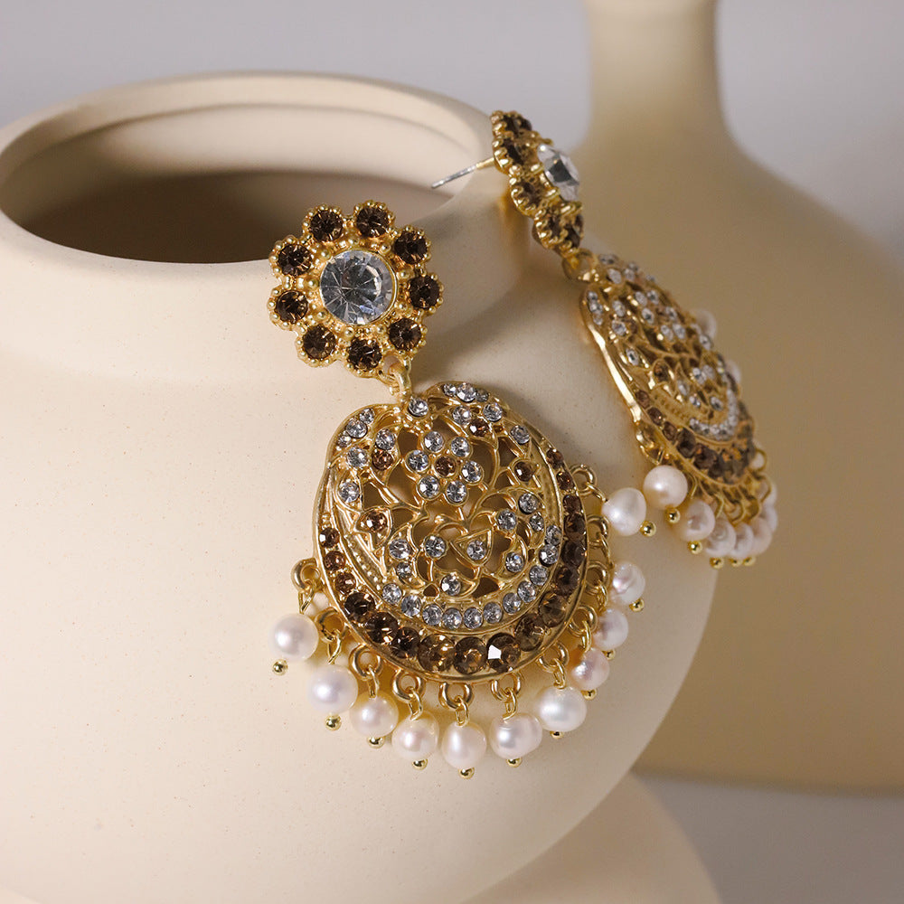 Golden Palace Champagne Zircon Pearl Fringe Vintage Chandelier Earrings