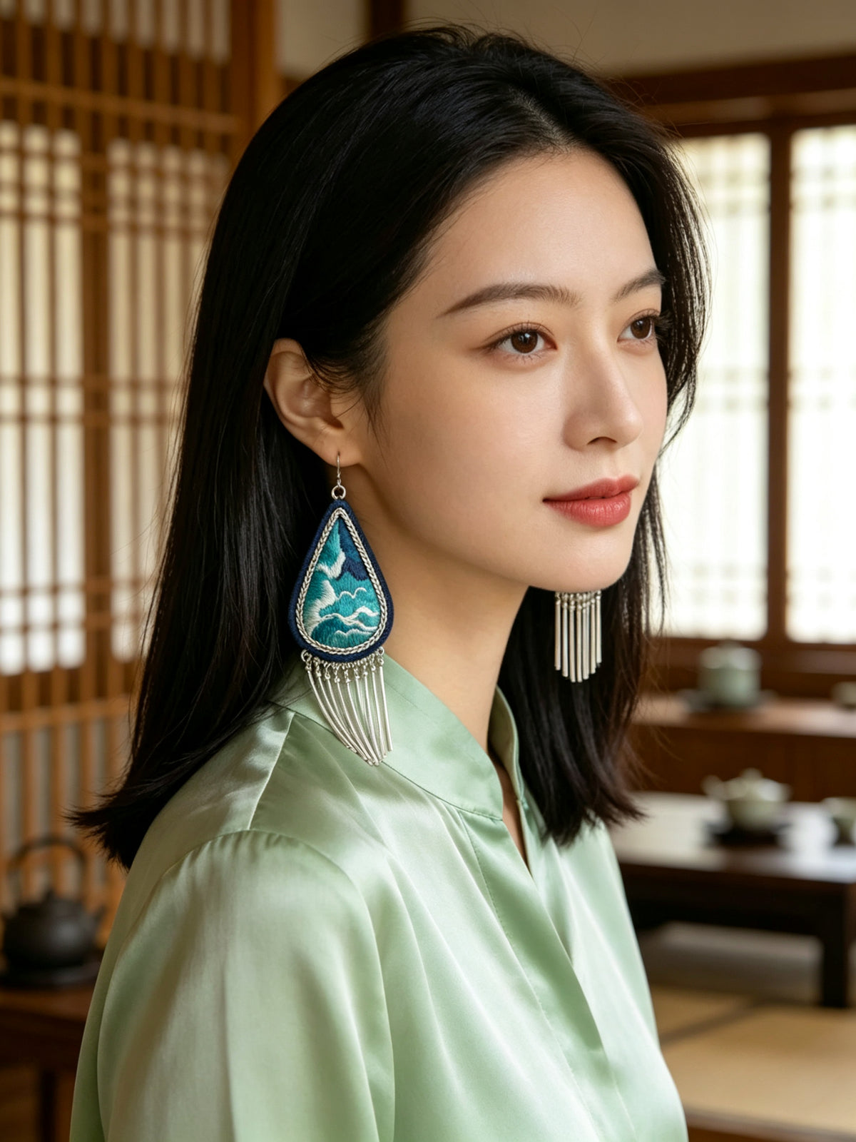 Hand-Embroidered Silver Tassel Drop Earrings