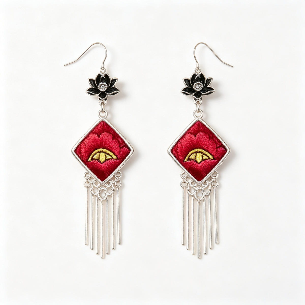 Hand-Embroidered Silver Tassel Drop Earrings