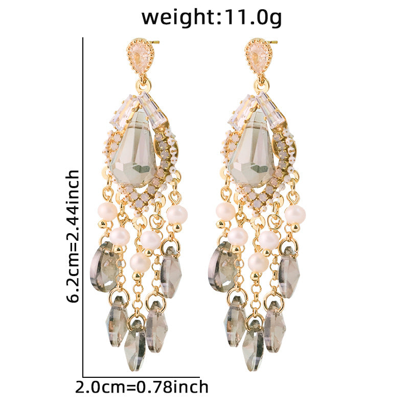 Gilded Gala Smoky Zircon Pearl Crystal Fringe Vintage Drop Earrings