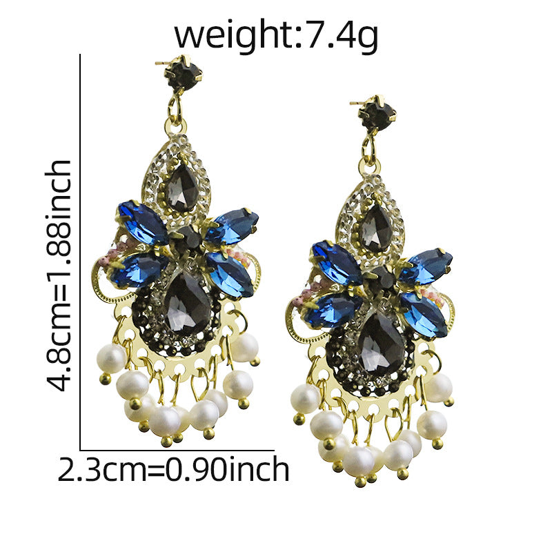 Palace Gala Sapphire Zircon Pearl Fringe Vintage Drop Earrings