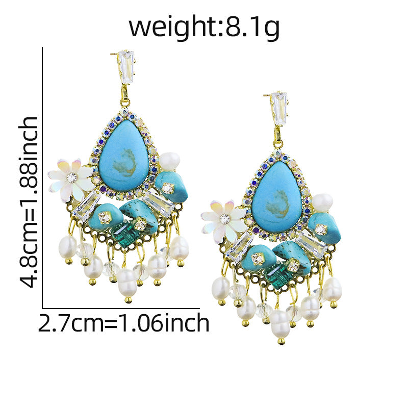 Peacock Dynasty Faux Turquoise Pearl Zircon Floral Chandelier Earrings