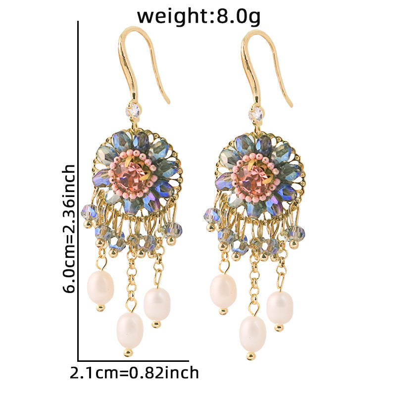 Floral Mystique Pink Zircon Blue-Violet Glass Pearl Fringe Vintage Drop Earrings