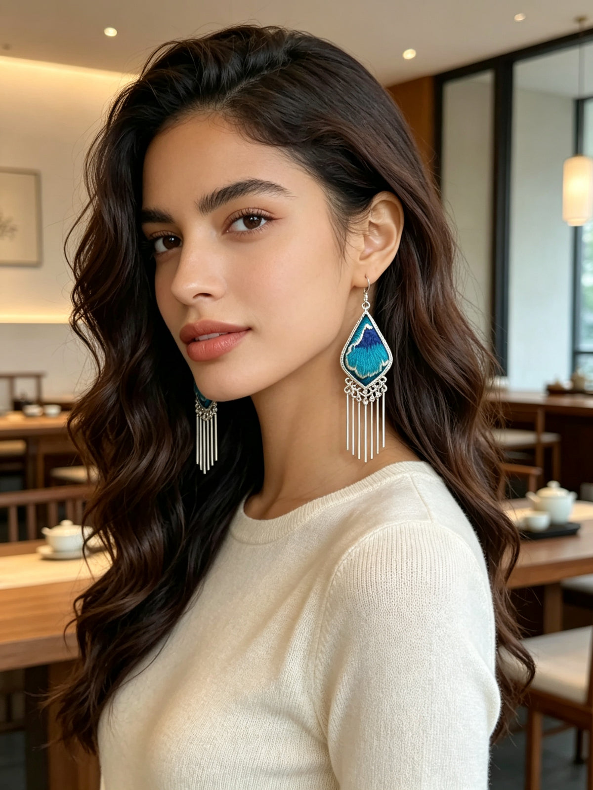 Hand-Embroidered Silver Tassel Drop Earrings