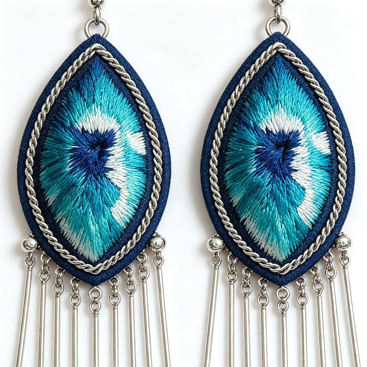 Hand-Embroidered Silver Tassel Drop Earrings