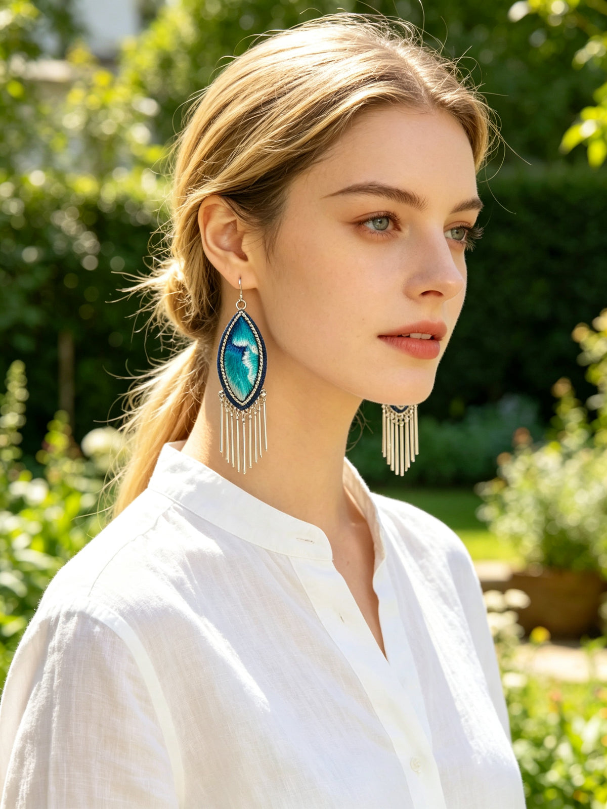 Hand-Embroidered Silver Tassel Drop Earrings
