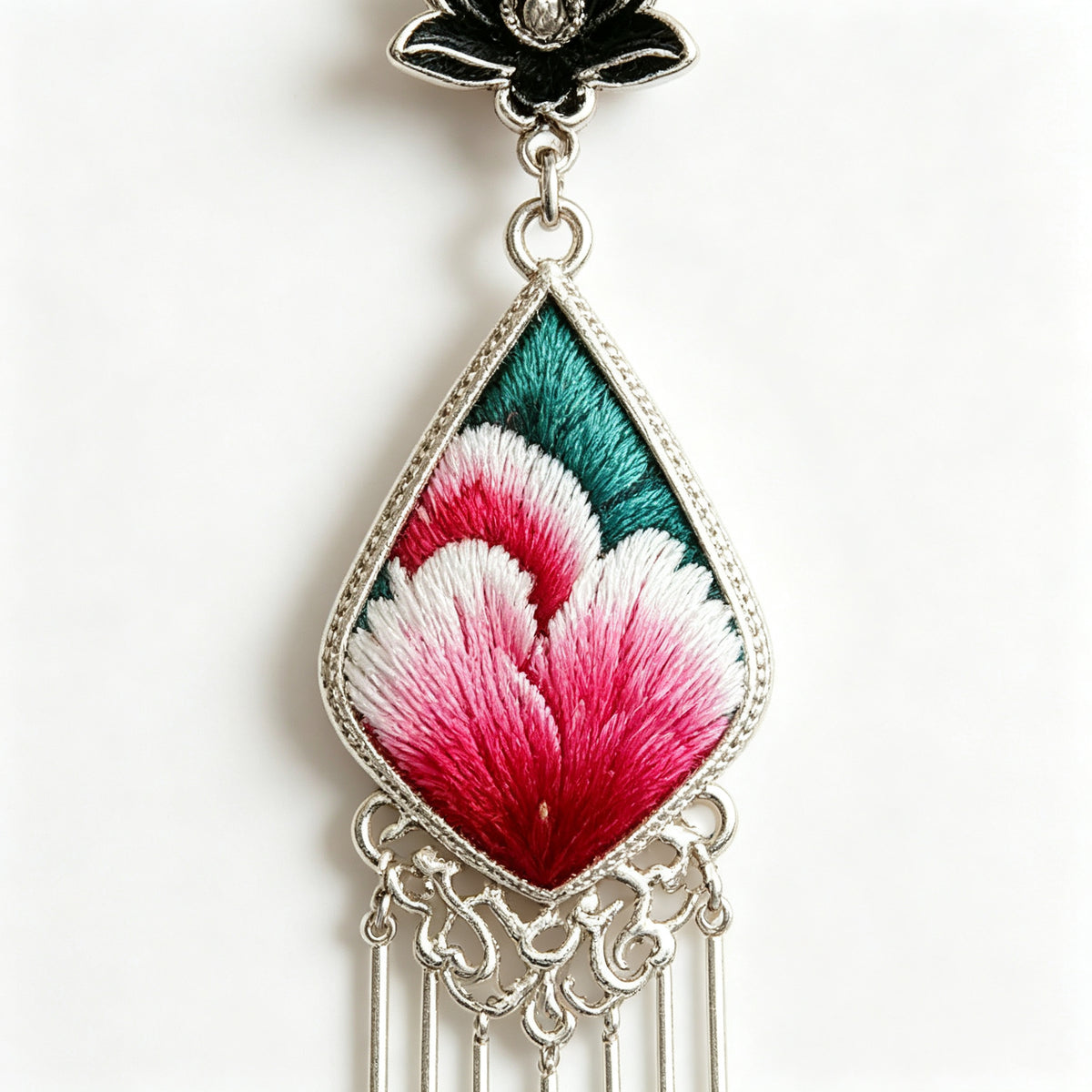 Hand-Embroidered Silver Tassel Drop Earrings