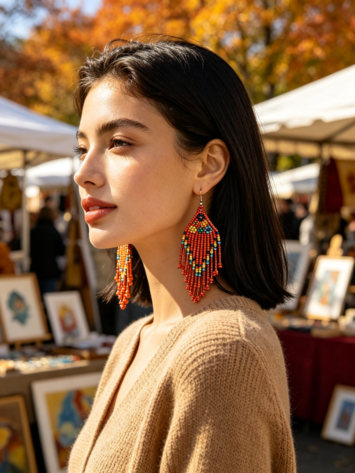 Handcrafted Tribal Beaded Fringe Drop Earrings