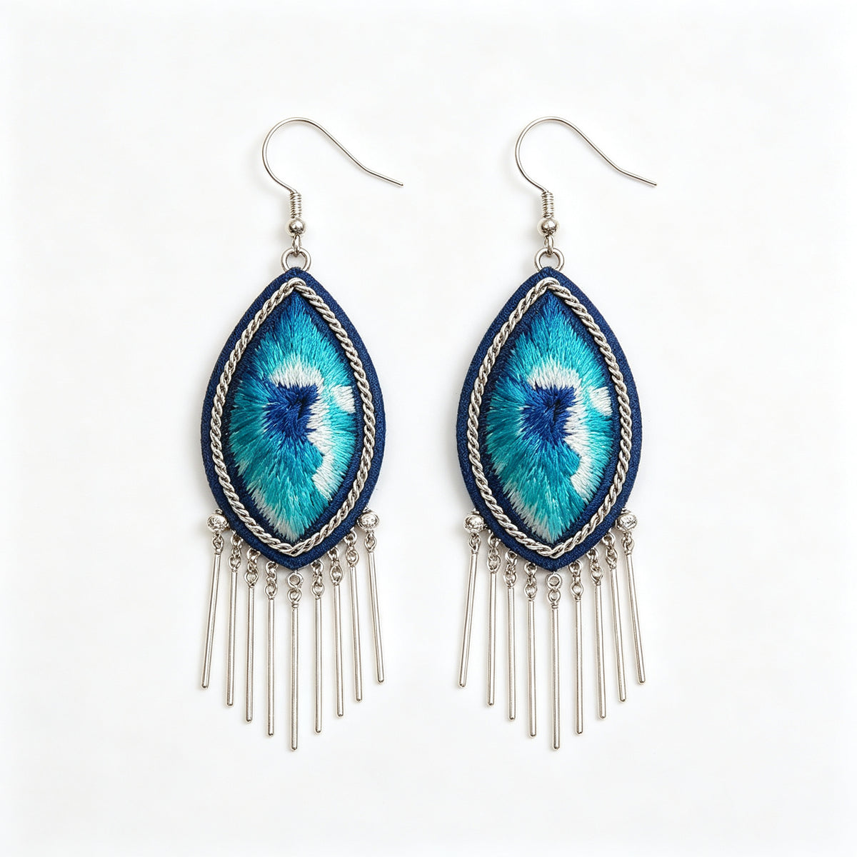Hand-Embroidered Silver Tassel Drop Earrings