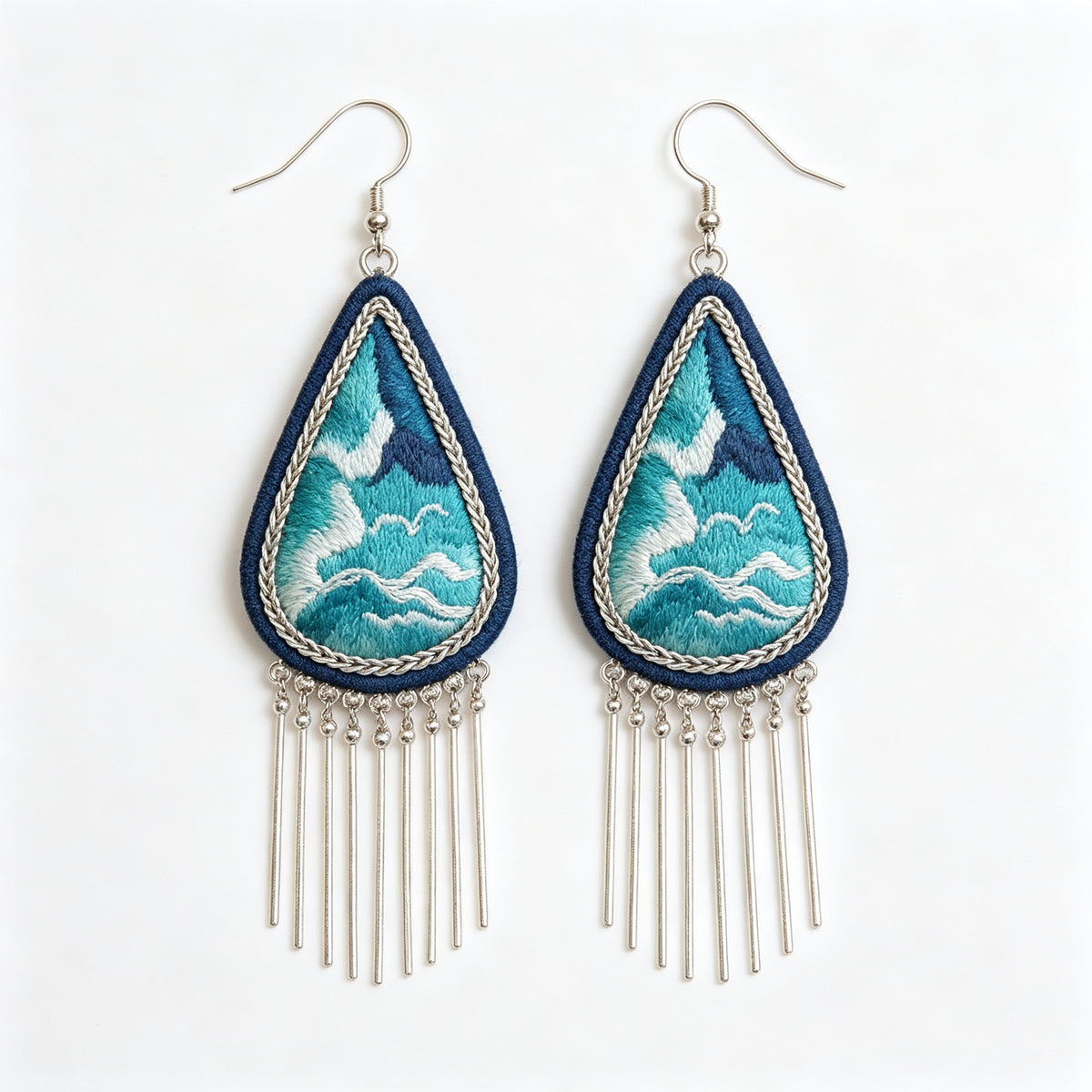Hand-Embroidered Silver Tassel Drop Earrings