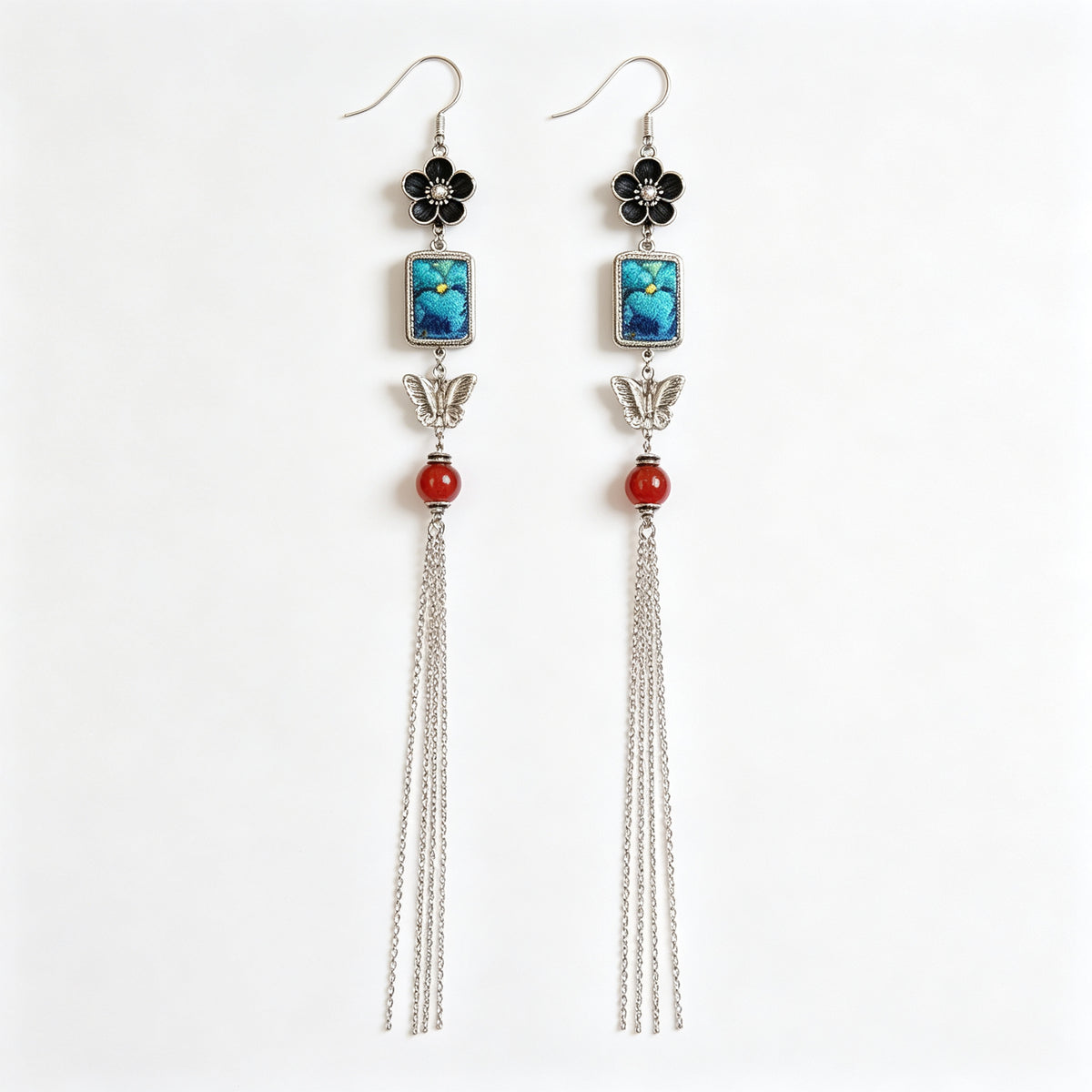 Hand-Embroidered Silver Tassel Drop Earrings