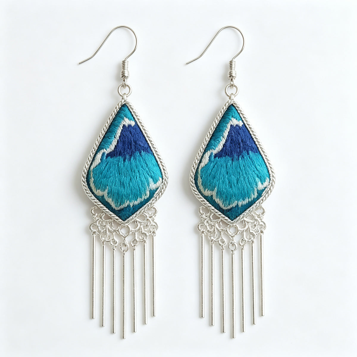 Hand-Embroidered Silver Tassel Drop Earrings