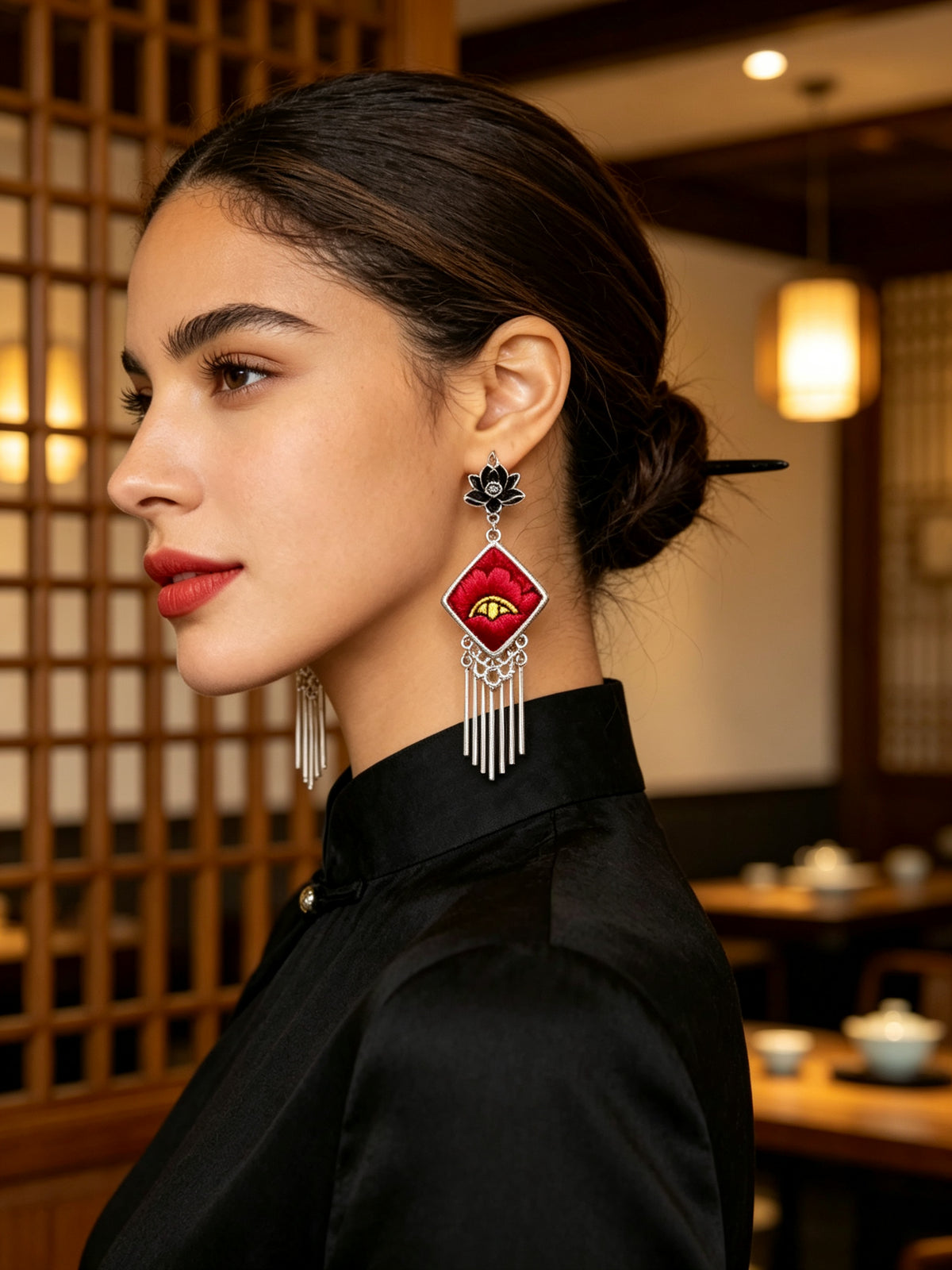 Hand-Embroidered Silver Tassel Drop Earrings