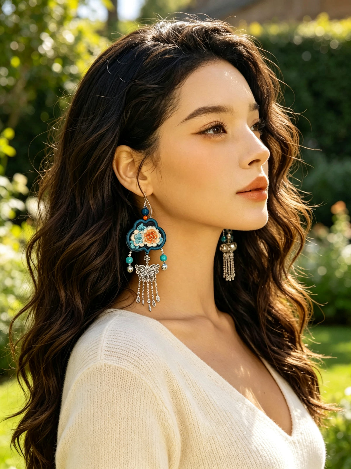 Hand-Embroidered Butterfly Tassel Earrings