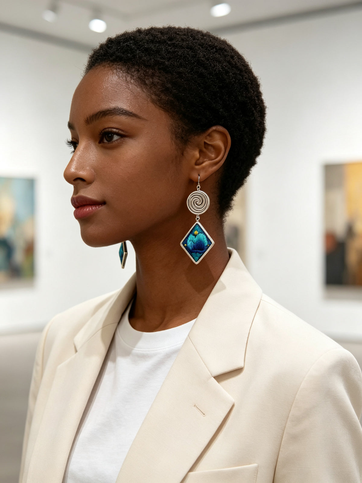 Hand-Embroidered Silver Tassel Drop Earrings