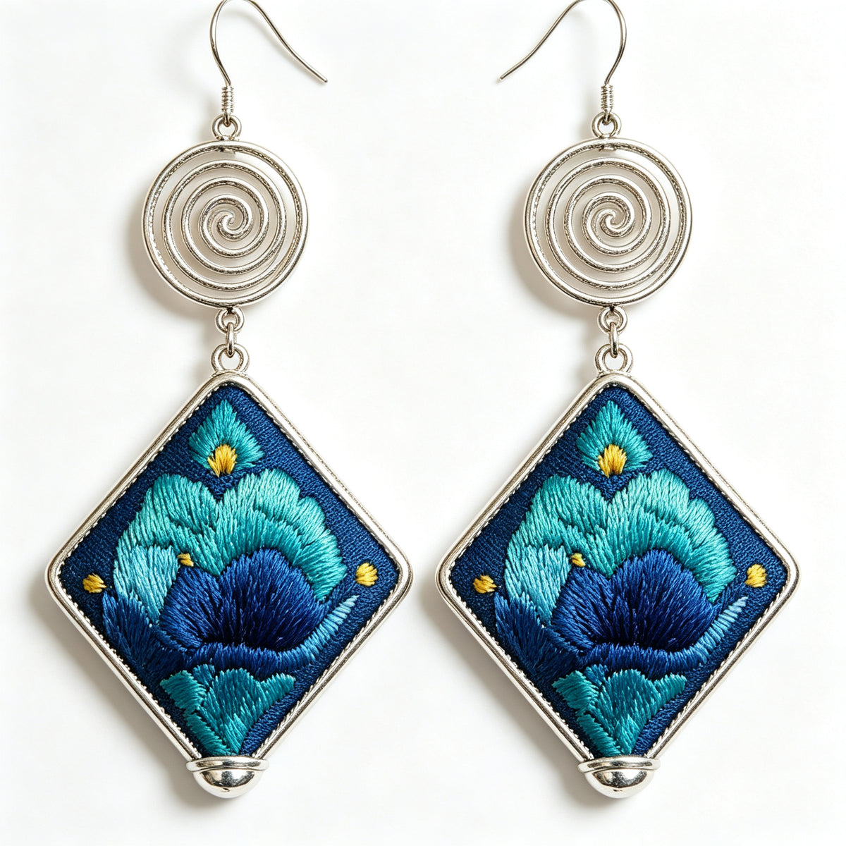 Hand-Embroidered Silver Tassel Drop Earrings