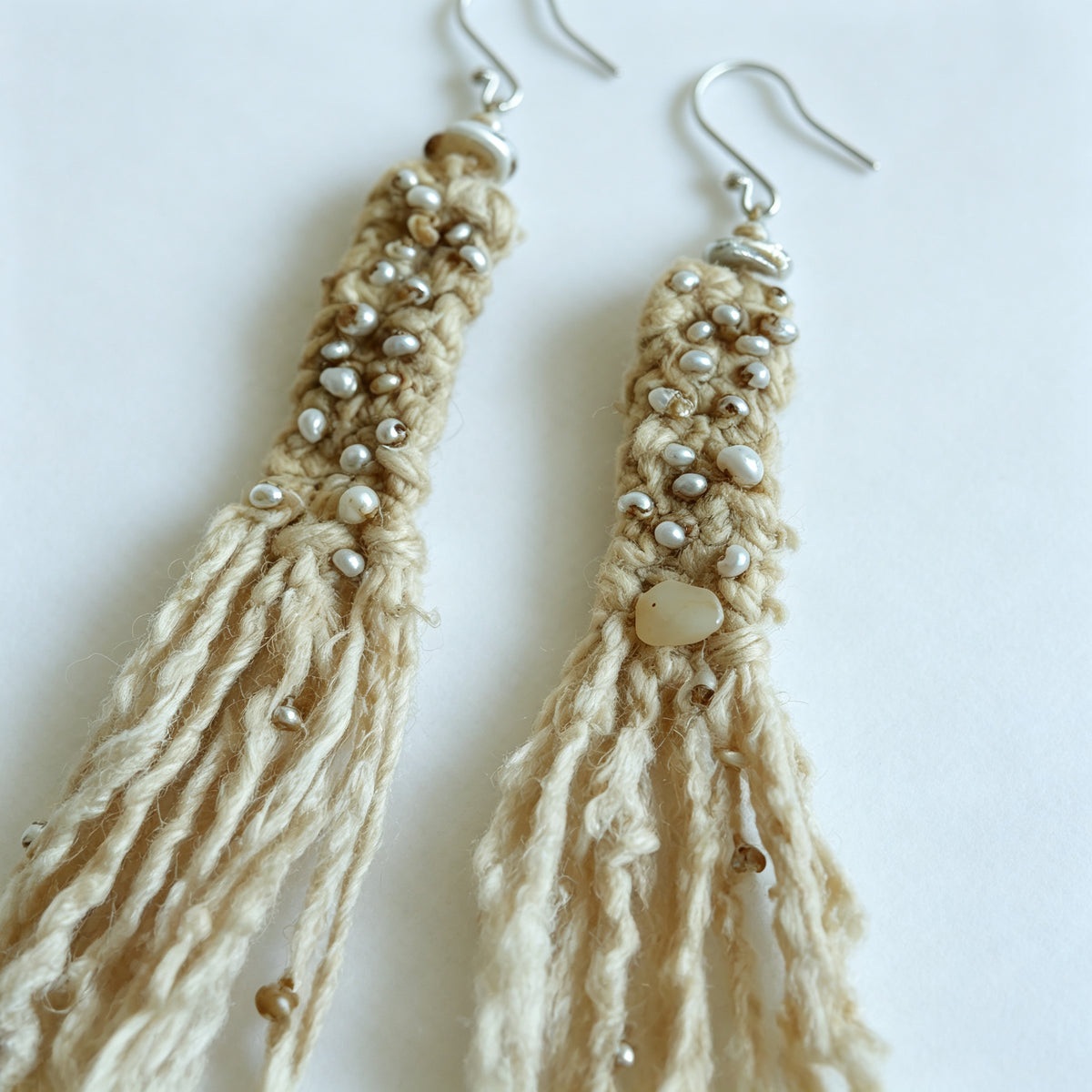 Handwoven Pearl Tassel Drop Earrings